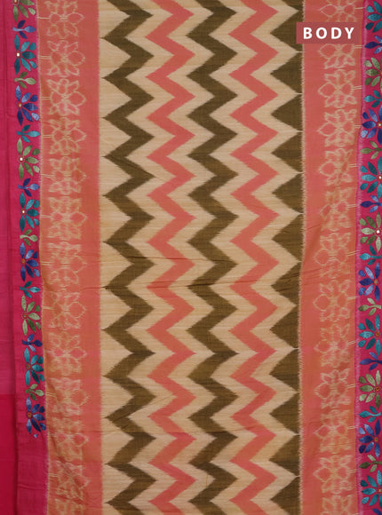 Ikat cotton saree sandal and pink with allover zigzag ikat weaves and kantha stitch work pallu