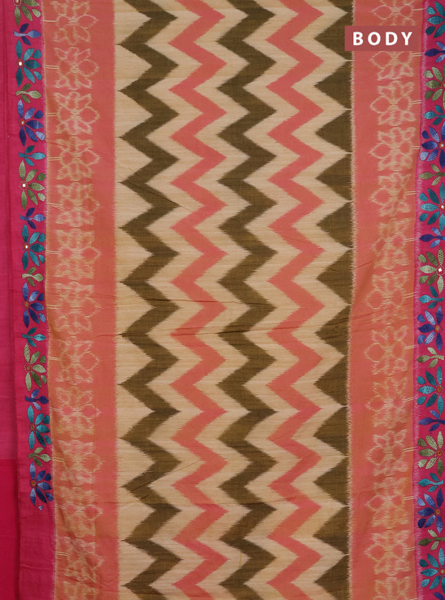 Ikat cotton saree sandal and pink with allover zigzag ikat weaves and kantha stitch work pallu