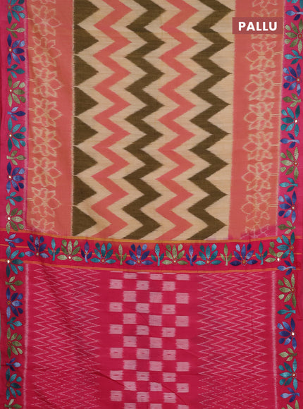 Ikat cotton saree sandal and pink with allover zigzag ikat weaves and kantha stitch work pallu