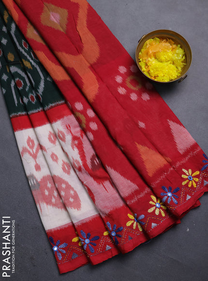 Ikat cotton saree bottle green and cream maroon with allover ikat weaves and kantha stitch work pallu