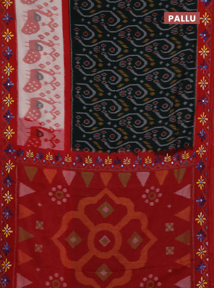 Ikat cotton saree bottle green and cream maroon with allover ikat weaves and kantha stitch work pallu