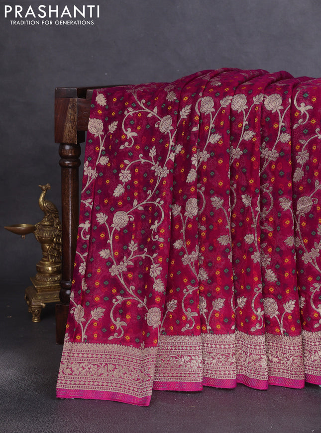 Banarasi semi georgette saree pink with allover zari weaves & bandhani thread buttas and zari woven border