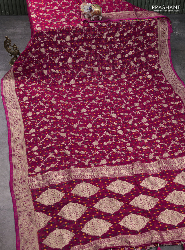 Banarasi semi georgette saree pink with allover zari weaves & bandhani thread buttas and zari woven border