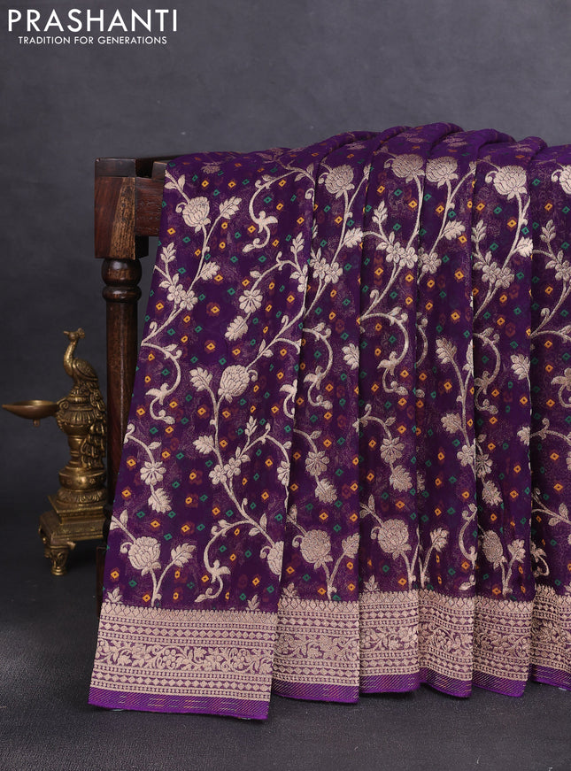 Banarasi semi georgette saree violet with allover zari weaves & bandhani thread buttas and zari woven border