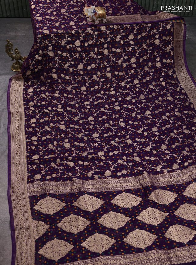 Banarasi semi georgette saree violet with allover zari weaves & bandhani thread buttas and zari woven border
