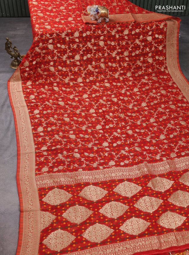 Banarasi semi georgette saree orange with allover zari weaves & bandhani thread buttas and zari woven border