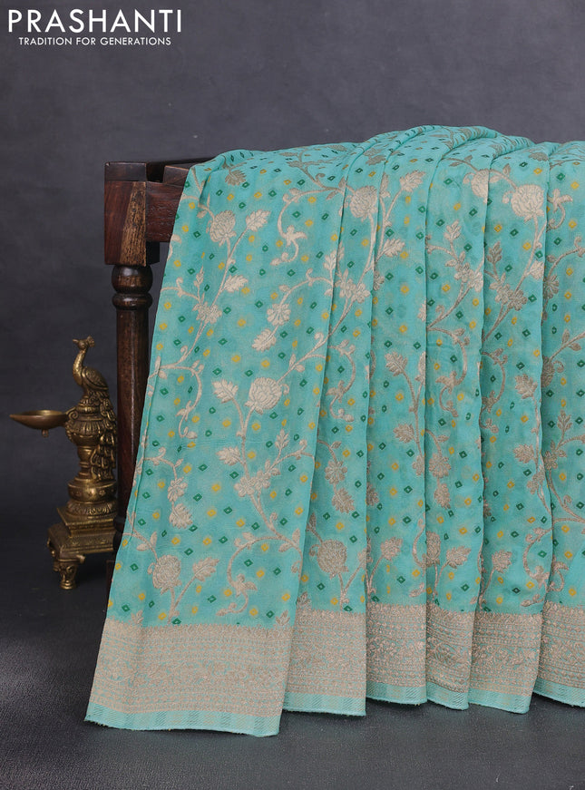 Banarasi semi georgette saree teal green with allover zari weaves & bandhani thread buttas and zari woven border