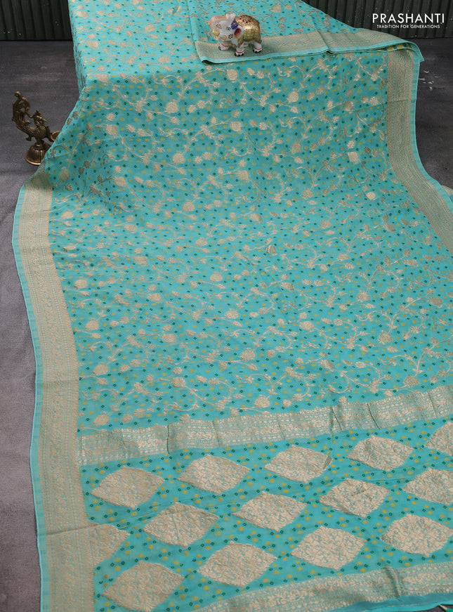 Banarasi semi georgette saree teal green with allover zari weaves & bandhani thread buttas and zari woven border