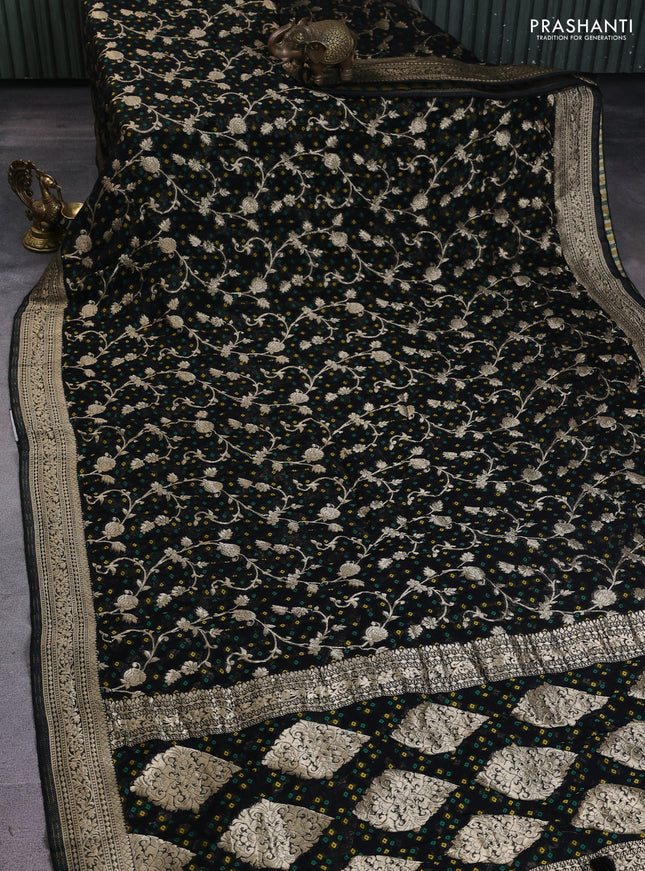 Banarasi semi georgette saree black with allover zari weaves & bandhani thread buttas and zari woven border