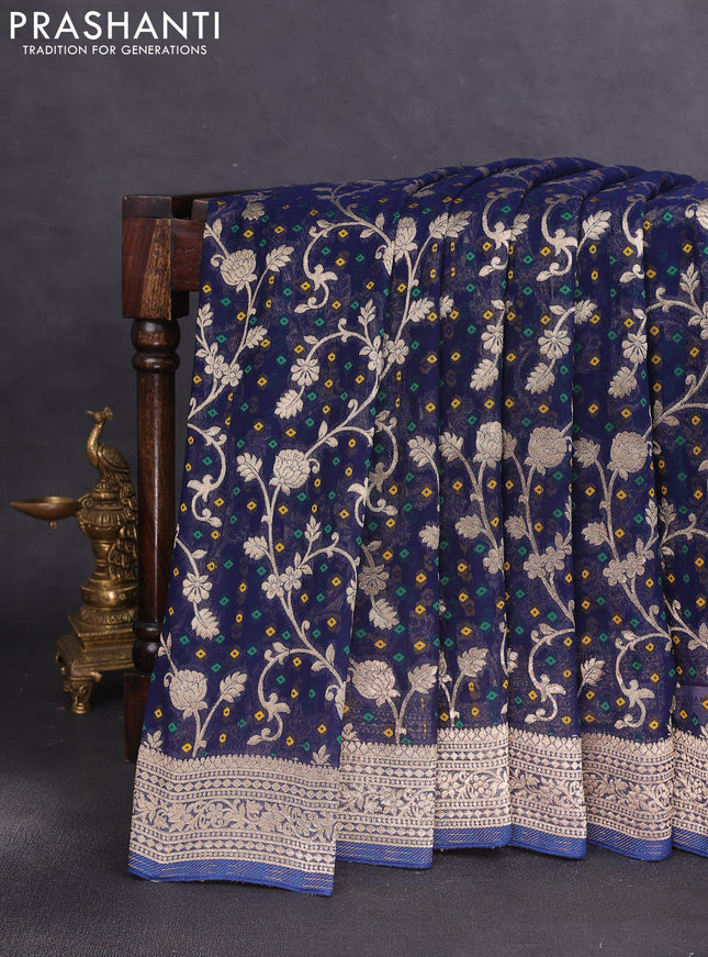 Banarasi semi georgette saree peacock blue with allover zari weaves & bandhani thread buttas and zari woven border