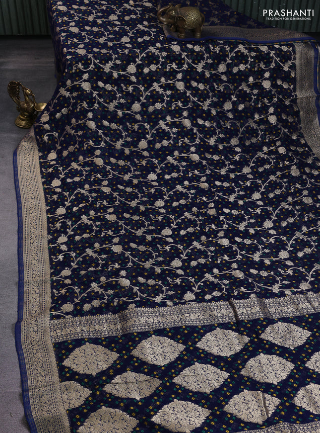Banarasi semi georgette saree peacock blue with allover zari weaves & bandhani thread buttas and zari woven border