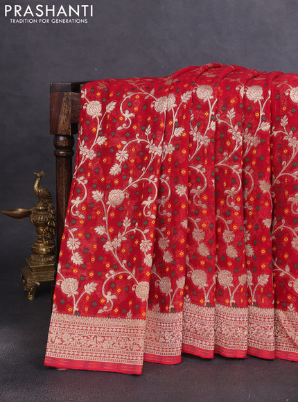 Banarasi semi georgette saree red with allover zari weaves & bandhani thread buttas and zari woven border