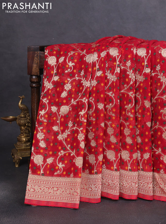 Banarasi semi georgette saree red with allover zari weaves & bandhani thread buttas and zari woven border