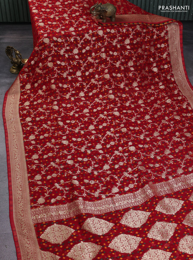 Banarasi semi georgette saree red with allover zari weaves & bandhani thread buttas and zari woven border