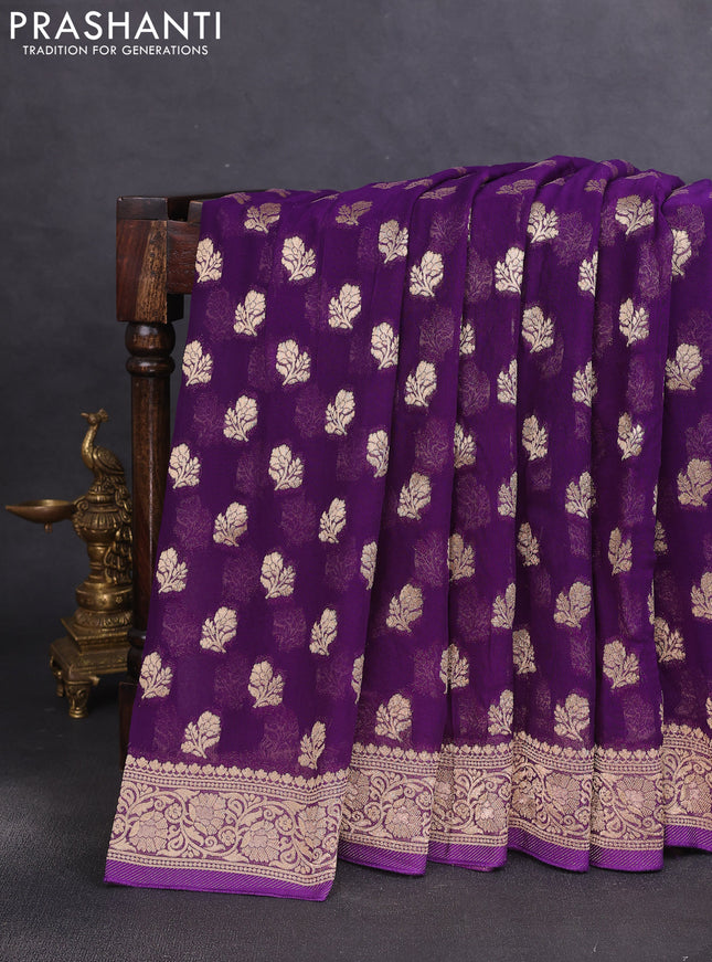 Banarasi semi georgette saree violet with allover floral zari buttas and zari woven border