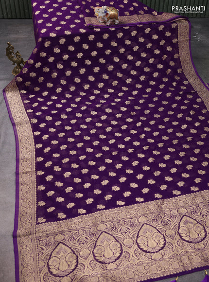 Banarasi semi georgette saree violet with allover floral zari buttas and zari woven border