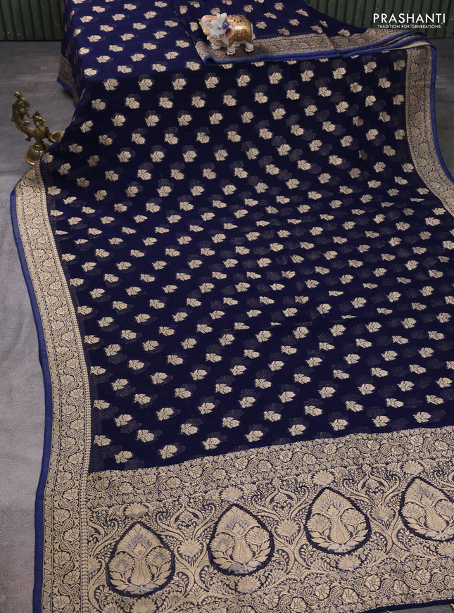 Banarasi semi georgette saree navy blue with allover floral zari buttas and zari woven border