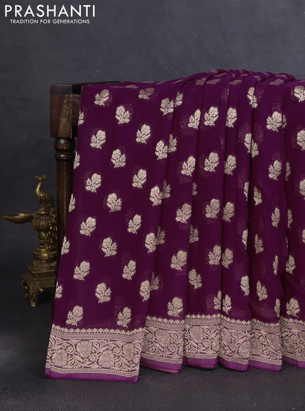 Banarasi semi georgette saree deep purple with allover floral zari buttas and zari woven border