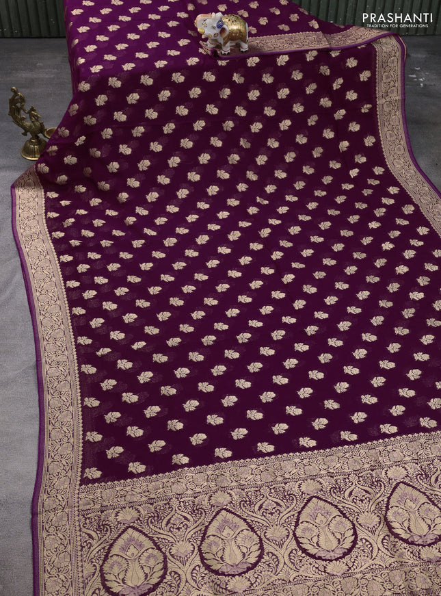 Banarasi semi georgette saree deep purple with allover floral zari buttas and zari woven border