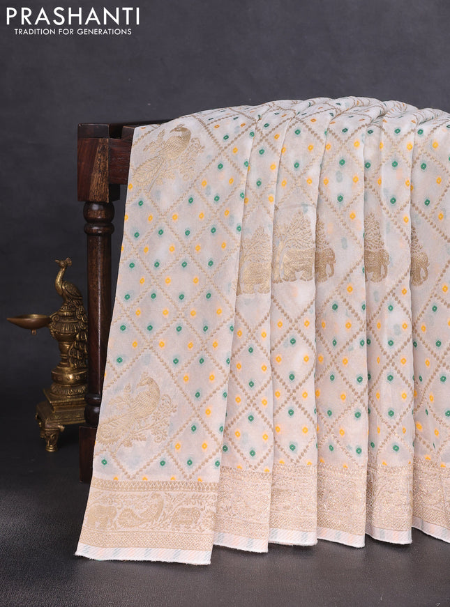 Banarasi semi georgette saree off white with allover zari weaves & bandhani thread buttas and zari woven border