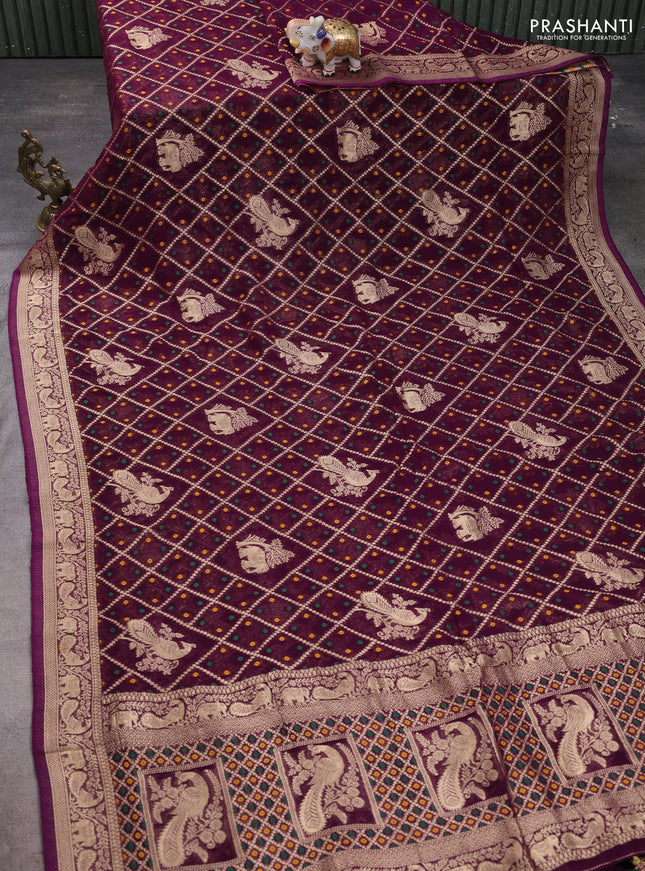 Banarasi semi georgette saree wine shade with allover zari weaves & bandhani thread buttas and zari woven border