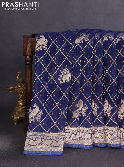 Banarasi semi georgette saree peacock blue with allover zari weaves & bandhani thread buttas and zari woven border