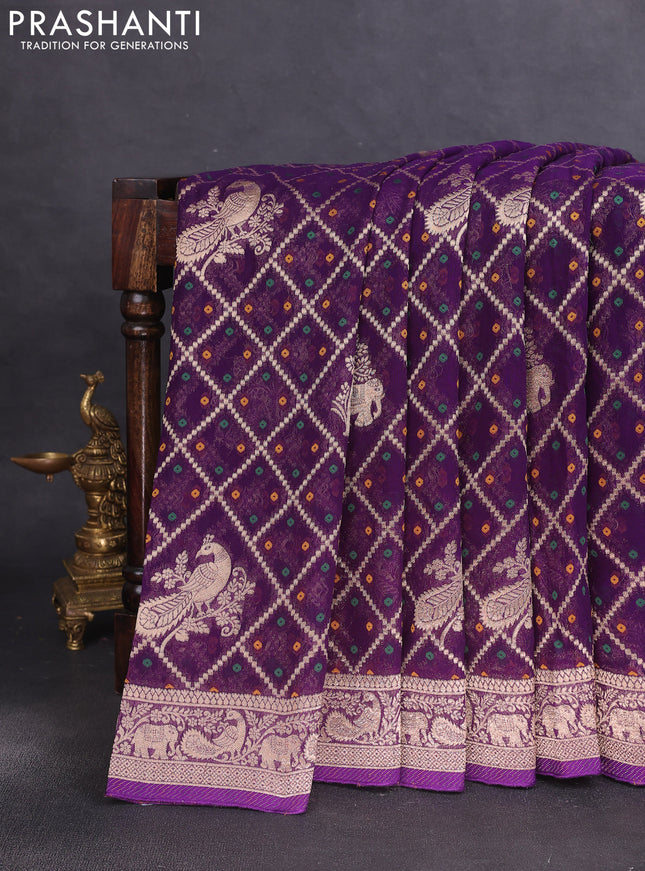 Banarasi semi georgette saree violet with allover zari weaves & bandhani thread buttas and zari woven border