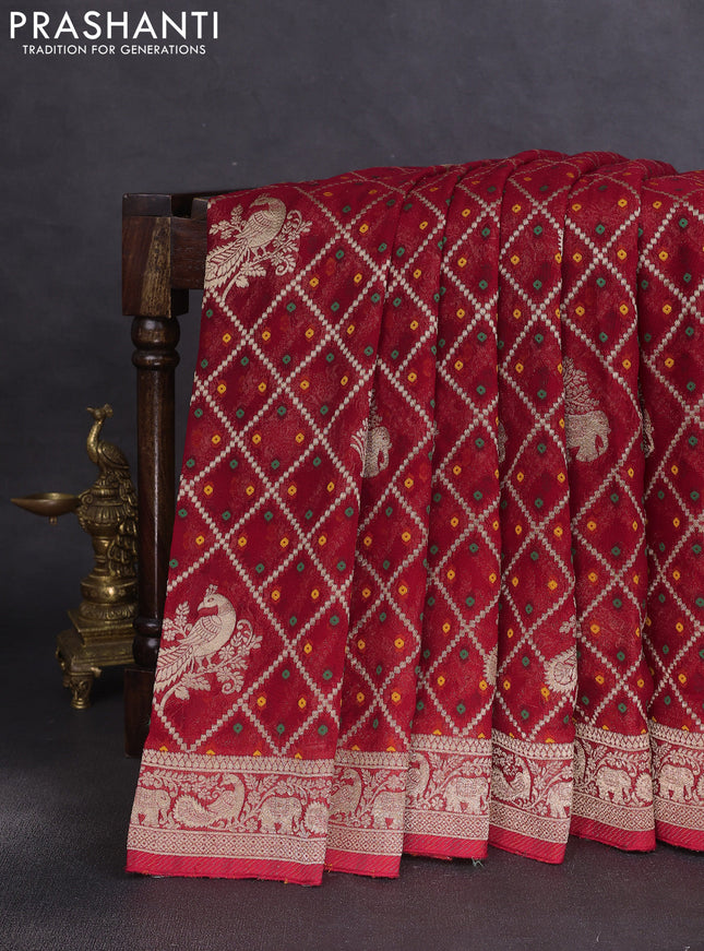 Banarasi semi georgette saree maroon with allover zari weaves & bandhani thread buttas and zari woven border