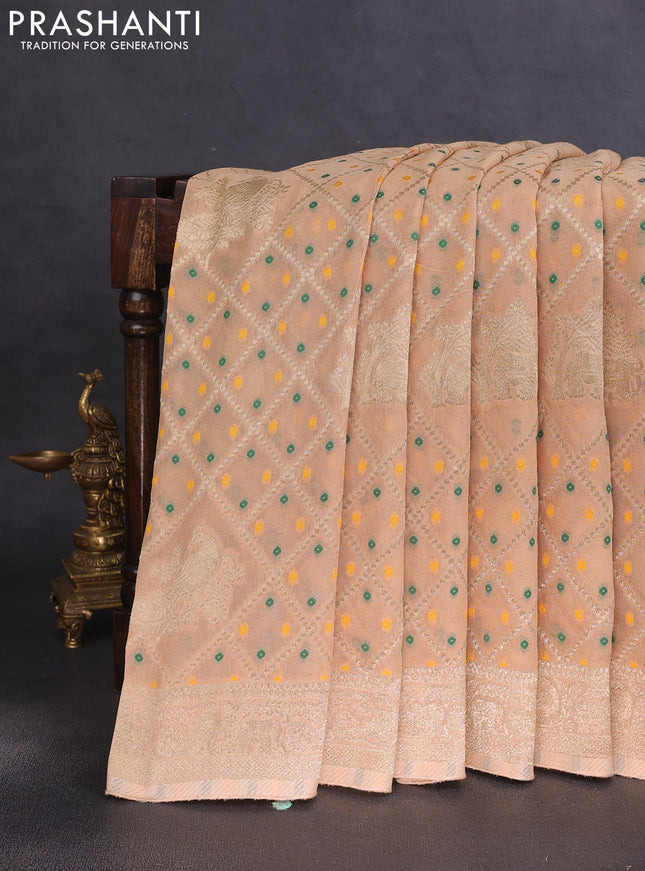 Banarasi semi georgette saree beige with allover zari weaves & bandhani thread buttas and zari woven border