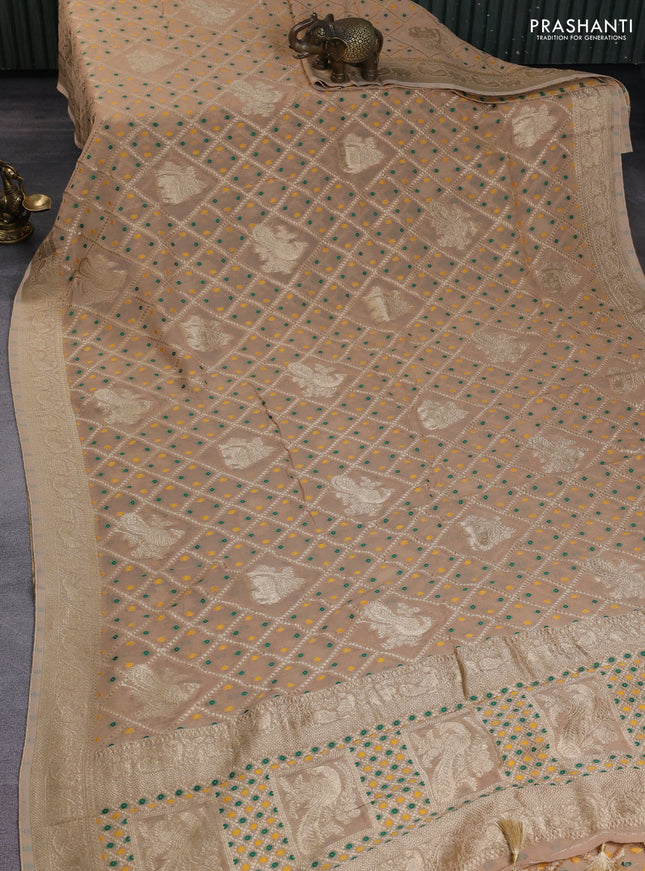 Banarasi semi georgette saree beige with allover zari weaves & bandhani thread buttas and zari woven border