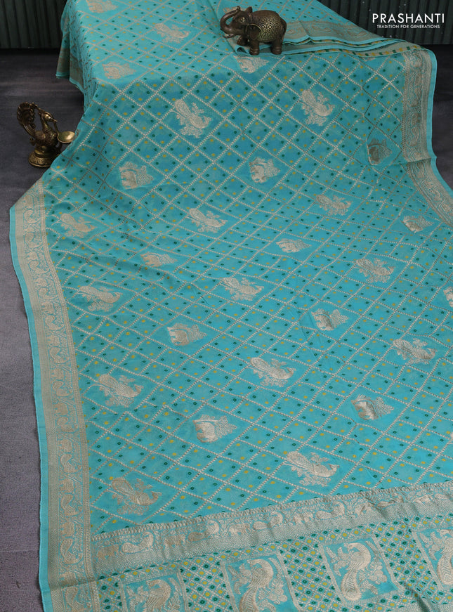 Banarasi semi georgette saree teal green with allover zari weaves & bandhani thread buttas and zari woven border