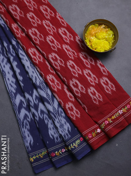 Ikat cotton saree navy blue and red with allover ikat weaves and kantha stitch work pallu