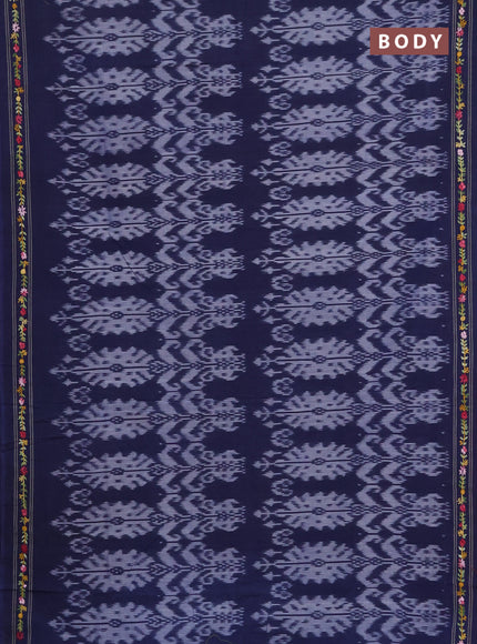 Ikat cotton saree navy blue and red with allover ikat weaves and kantha stitch work pallu