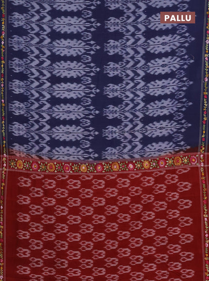 Ikat cotton saree navy blue and red with allover ikat weaves and kantha stitch work pallu