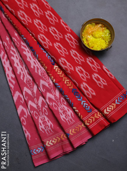 Ikat cotton saree red with allover ikat weaves and kantha stitch work pallu
