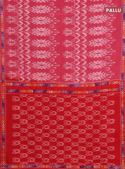 Ikat cotton saree red with allover ikat weaves and kantha stitch work pallu