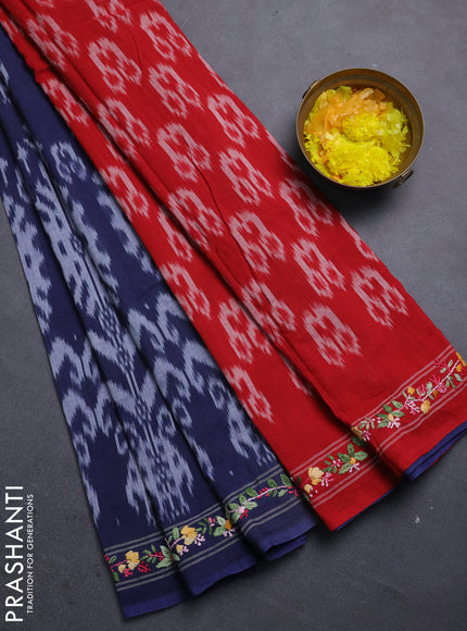 Ikat cotton saree navy blue and red with allover ikat weaves and kantha stitch work pallu