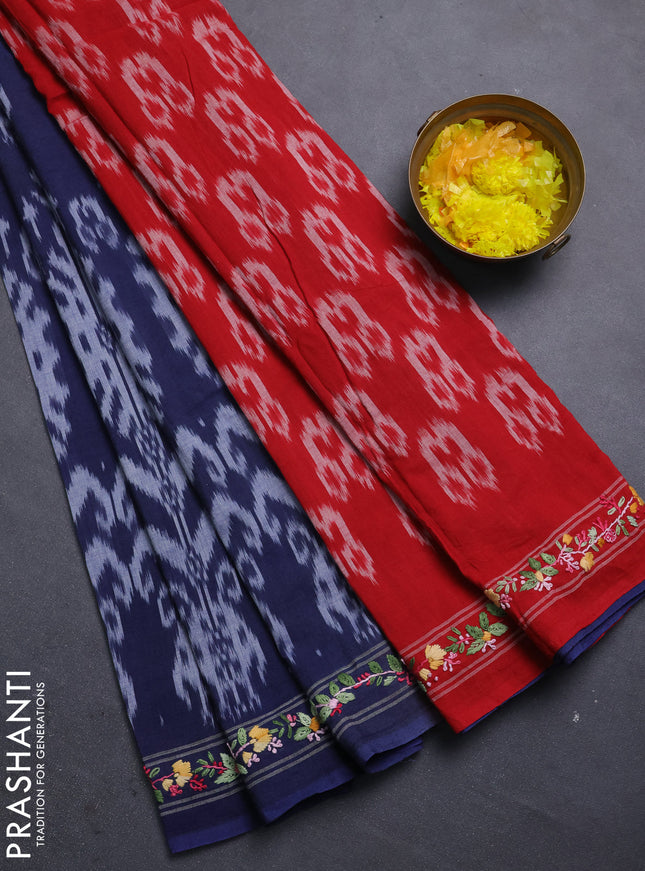 Ikat cotton saree navy blue and red with allover ikat weaves and kantha stitch work pallu