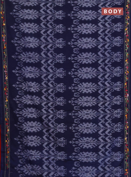 Ikat cotton saree navy blue and red with allover ikat weaves and kantha stitch work pallu