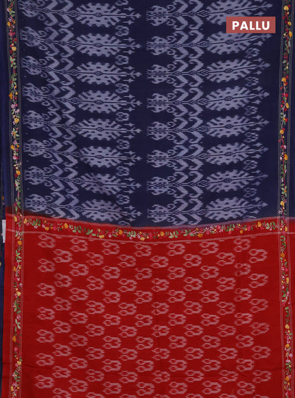 Ikat cotton saree navy blue and red with allover ikat weaves and kantha stitch work pallu