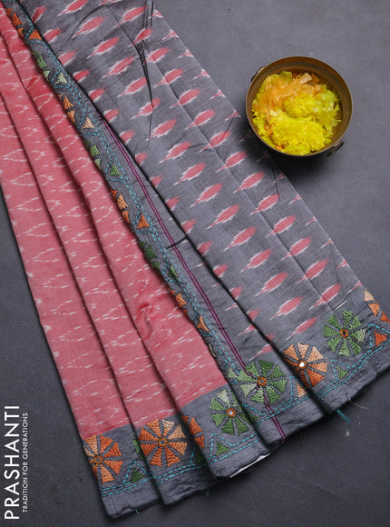 Ikat cotton saree red and grey with allover ikat weaves and kantha stitch work pallu