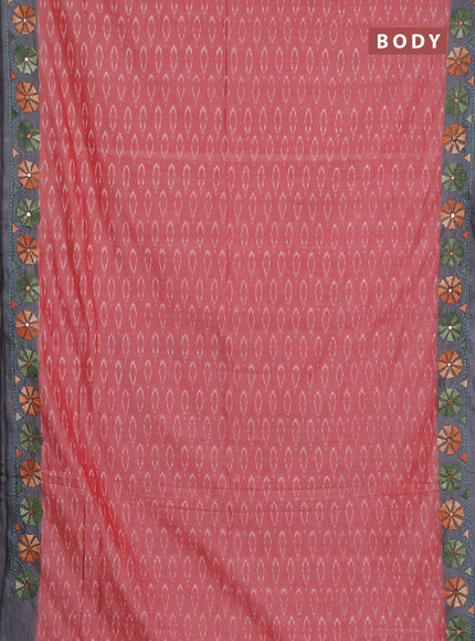 Ikat cotton saree red and grey with allover ikat weaves and kantha stitch work pallu