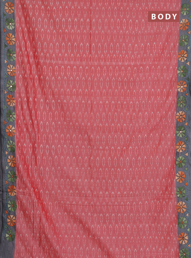 Ikat cotton saree red and grey with allover ikat weaves and kantha stitch work pallu