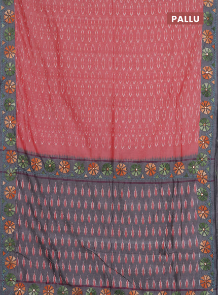 Ikat cotton saree red and grey with allover ikat weaves and kantha stitch work pallu