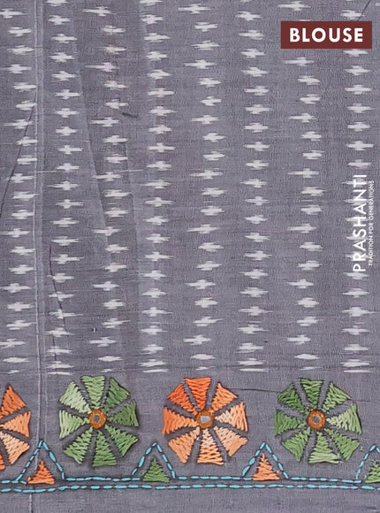 Ikat cotton saree red and grey with allover ikat weaves and kantha stitch work pallu