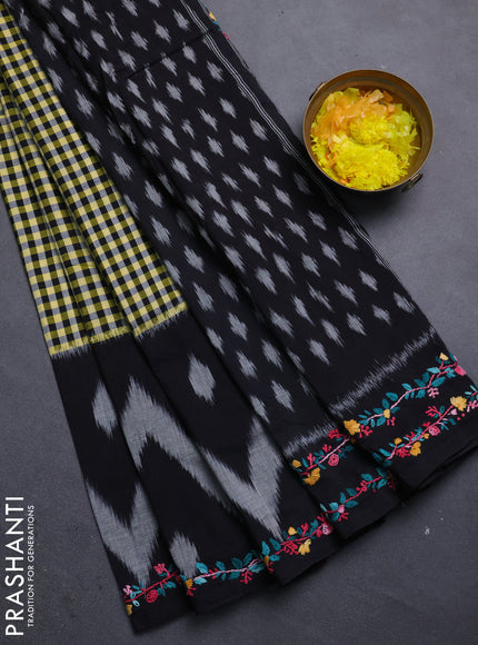 Ikat cotton saree multi colour with allover checks pattern & kantha stitch work and ganga jamuna border