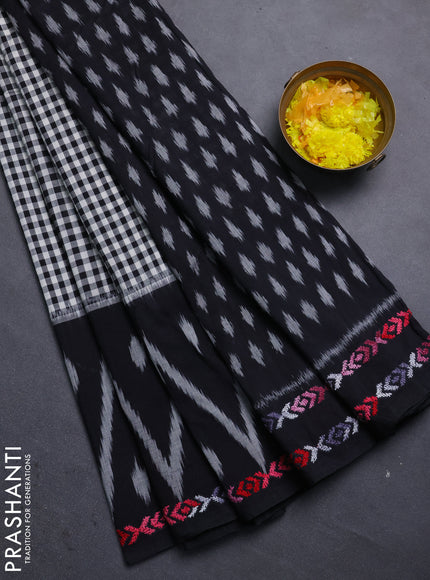 Ikat cotton saree black with allover checks pattern & kantha stitch work and ganga jamuna border