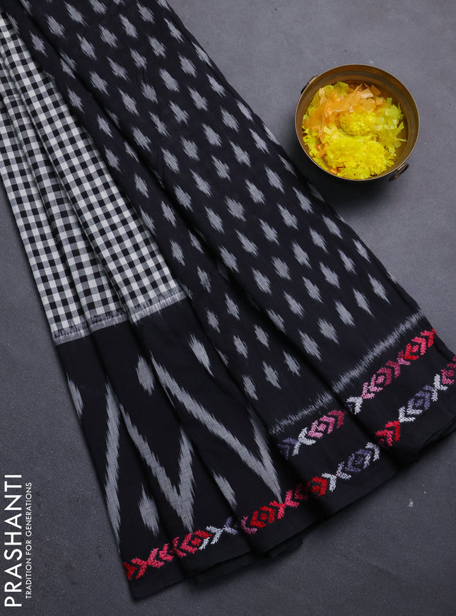 Ikat cotton saree black with allover checks pattern & kantha stitch work and ganga jamuna border