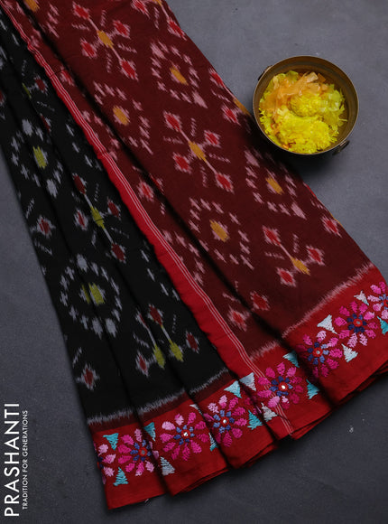 Ikat cotton saree black and maroon with allover ikat weaves and kantha stitch work pallu