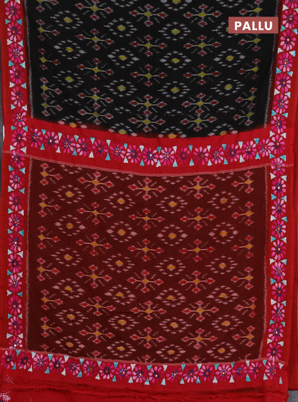 Ikat cotton saree black and maroon with allover ikat weaves and kantha stitch work pallu